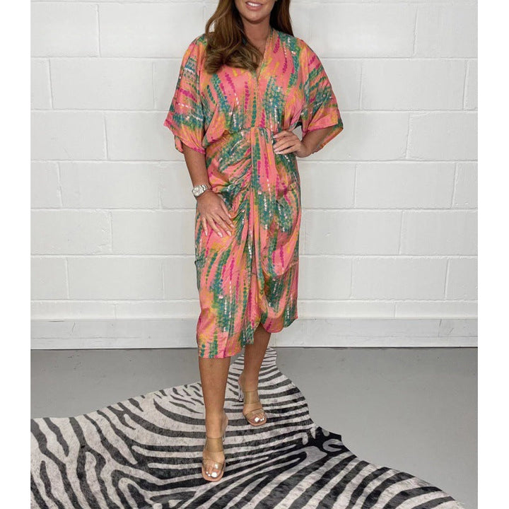 Stilla | Elegant Print V-Hals Høj Talje Skjorte Kjole