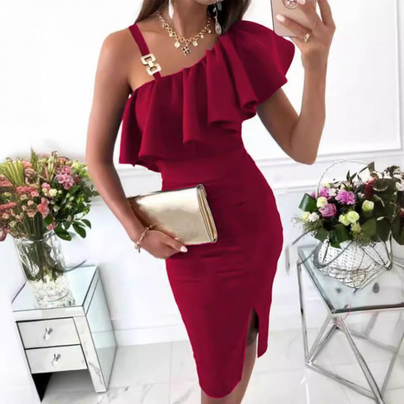 Femme Elegante Rynke En-Skulder Kjole Stilla