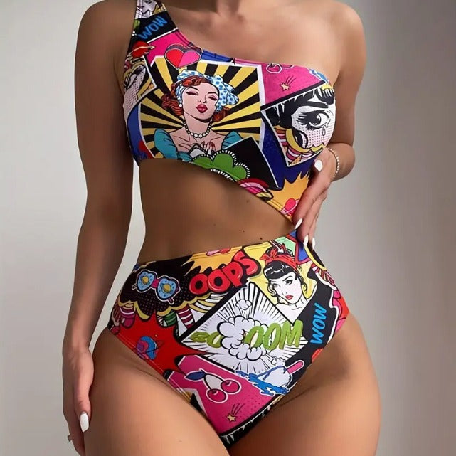 Dame Farverig trykt Bikini med asymmetrisk top og høj talje Stilla
