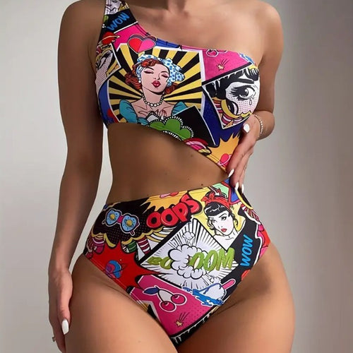 Dame Farverig trykt Bikini med asymmetrisk top og høj talje Stilla