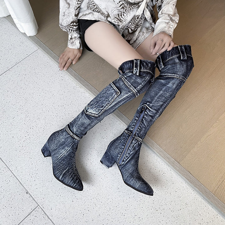 Dame Overknee-støvler i denim-look med robust blokhæl og moderne lommeapplikation Stilla