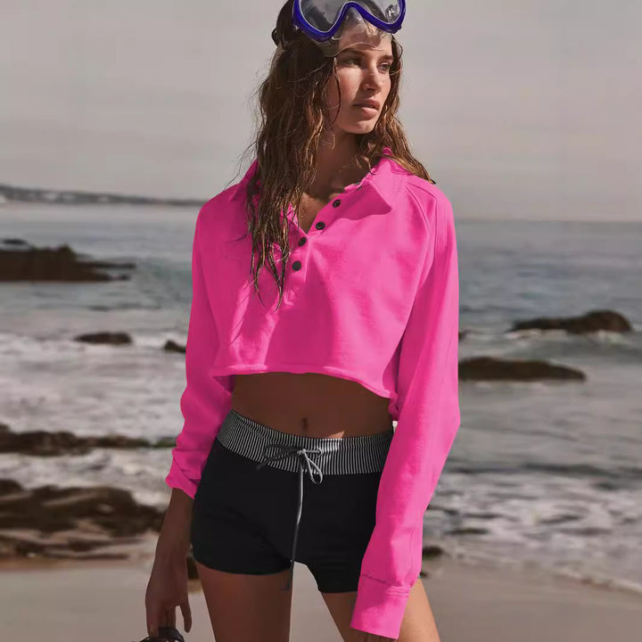 Dame afslappet cropped sweatshirt med knaplukning og sporty design Stilla