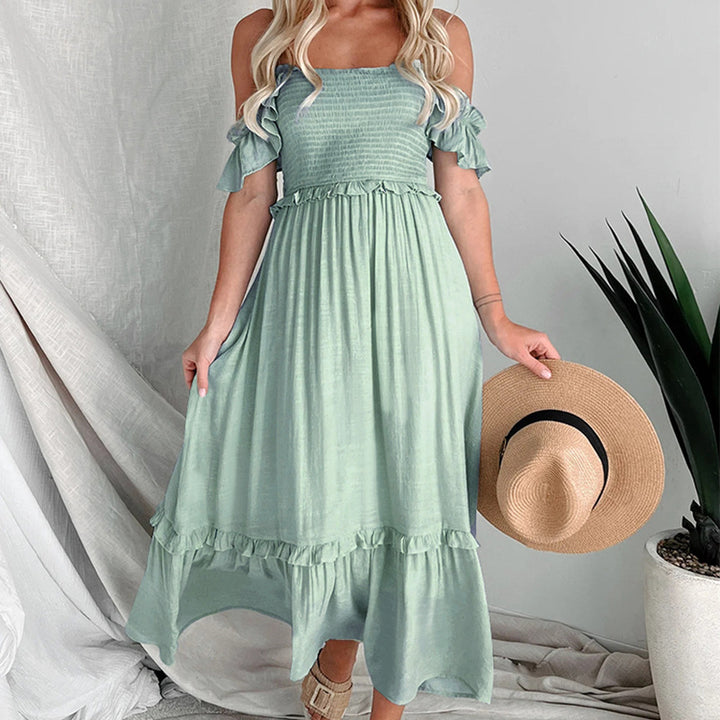 Dame lagdeling Smocked Maxi Kjole med Ruffle Detaljer Stilla