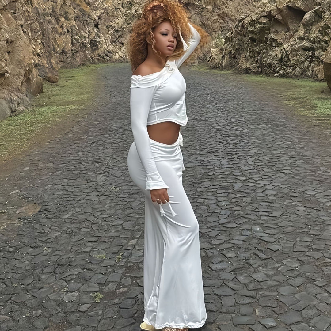 Dame Elegante Off-Shoulder-Maxi-Kjole med Flæsedetaljer Stilla