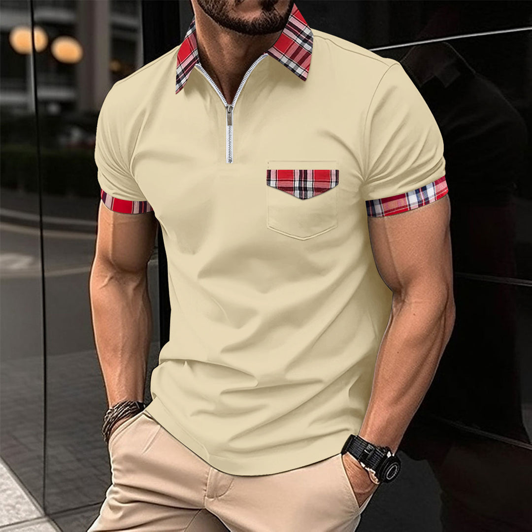 Herre Moderne Halv-Zip Polo T-Shirt med ternet Detalje Stilla