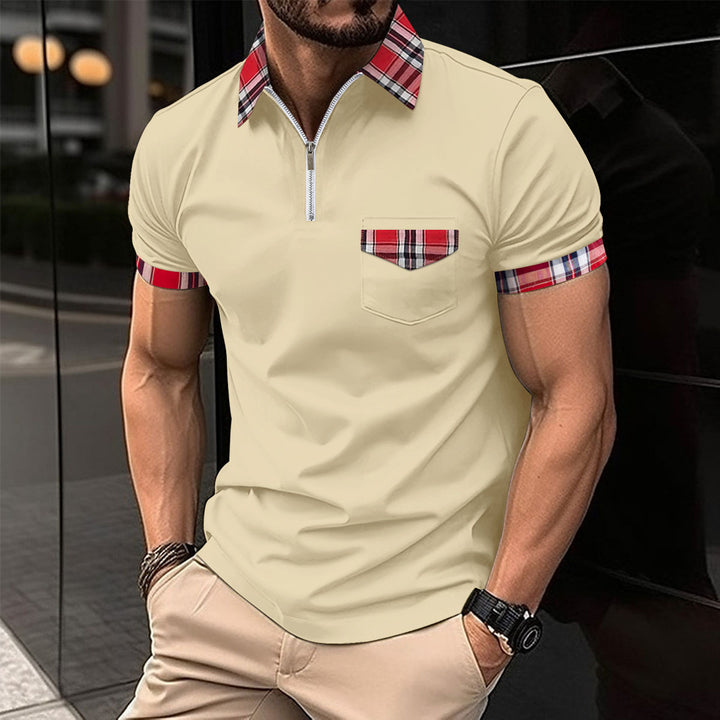 Herre Moderne Halv-Zip Polo T-Shirt med ternet Detalje Stilla