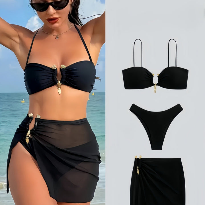 Dame Bandeau-bikini sæt med elegant nederdel-overlay Skovae