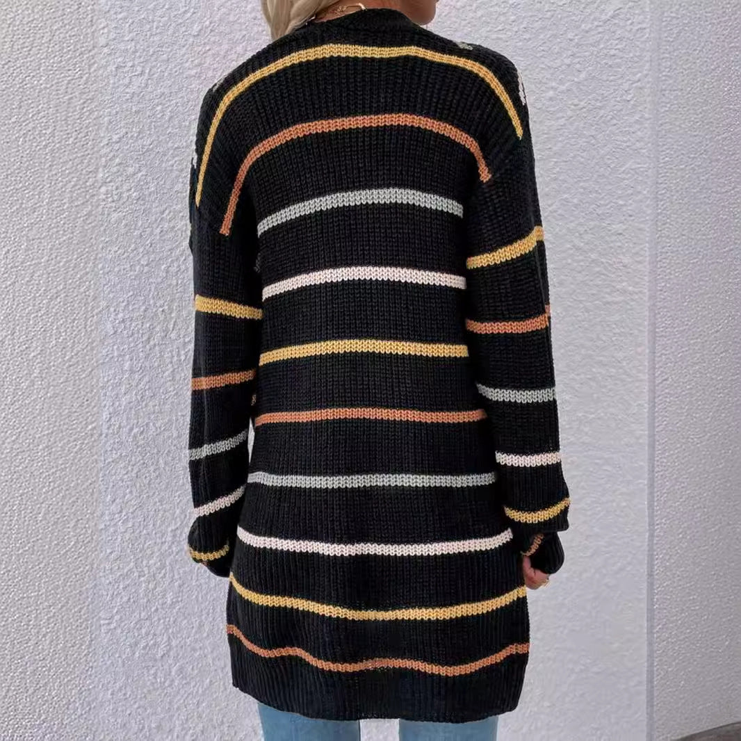 Dame afslappet strik cardigan med farverigt stribemønster og åben front Stilla