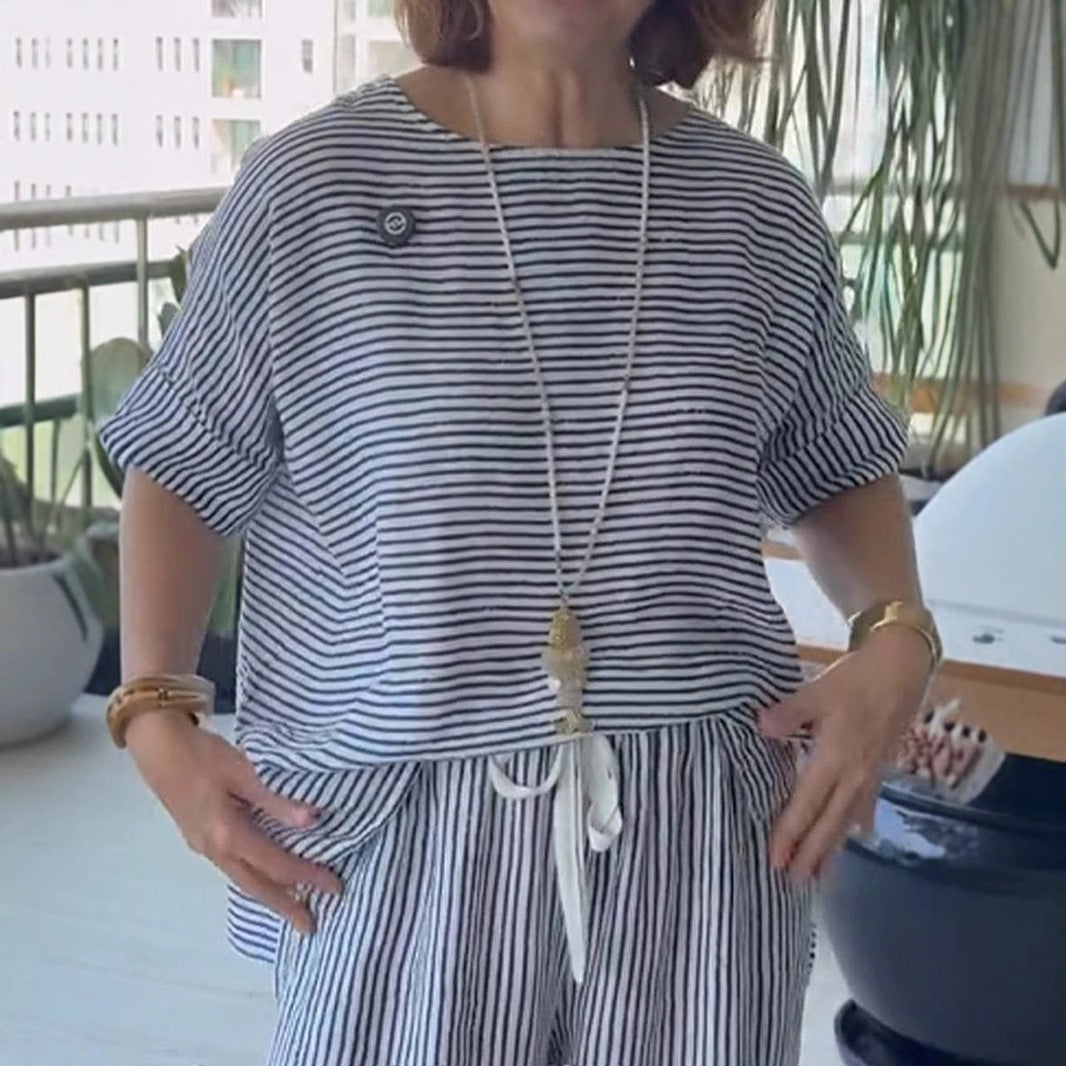 Stribet linned loungewear sæt til kvinder, to dele Stilla