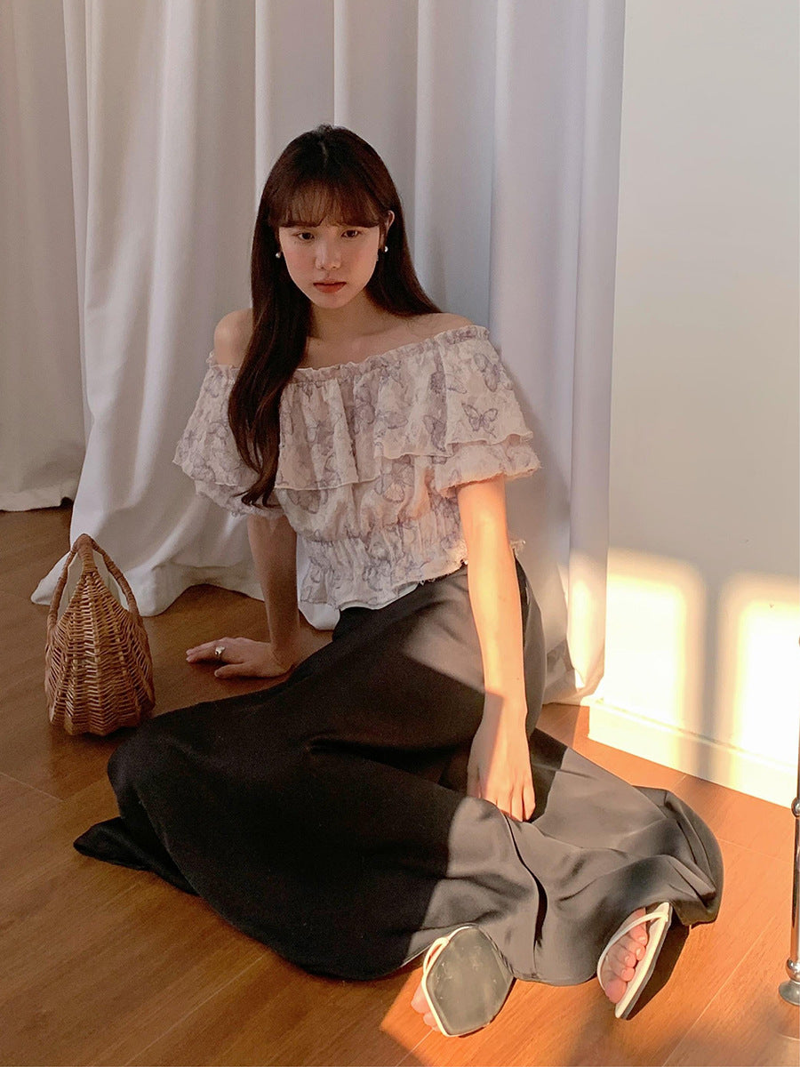 Dame Off-Shoulder Bluse med flæsedetaljer og blomstermønster Stilla