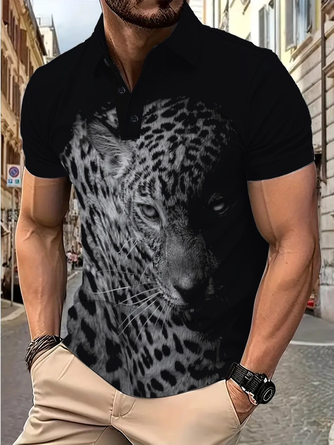 Herren Poloshirt med kunstnerisk leopardmotiv og kvalitets stretchstof Stilla