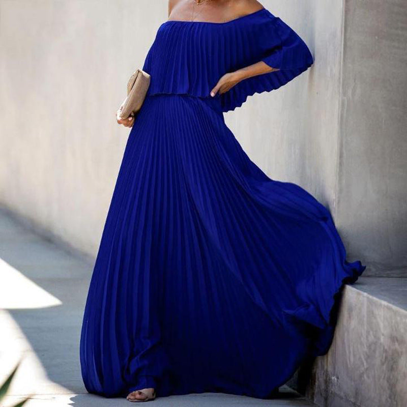 Dame Off-Shoulder Falten Maxi Kjole Stilla
