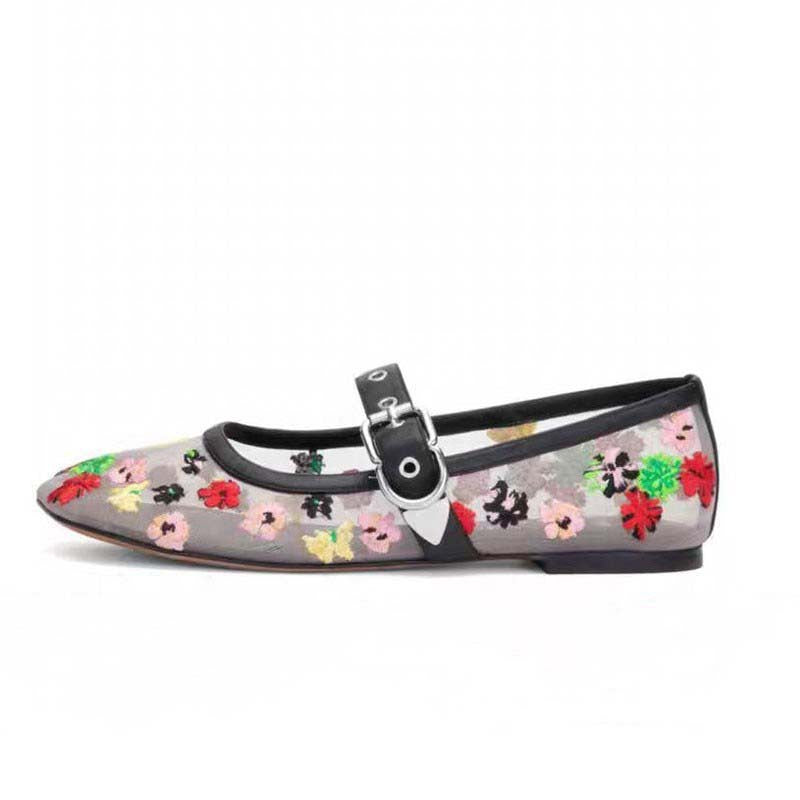 Dame floral dekorerede ballerinaer med justerbar rem Stilla