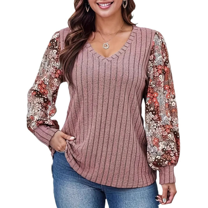 Dame V-hals pullover med blomstrede puffærmer Stilla