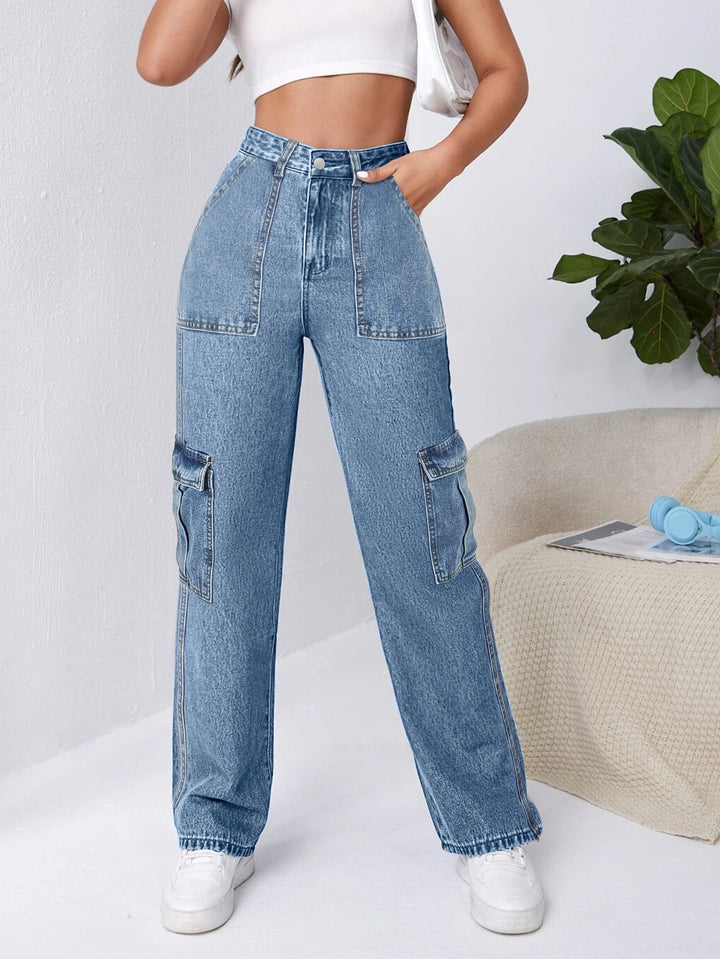 Dame Cargo-Jeans med høj talje og praktiske lommer Stilla