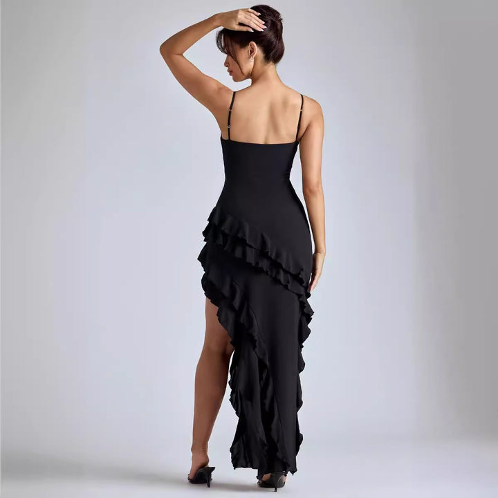 Damer Elegant Maxi Kjole med Voluminøse Ruffle Detaljer og Sexet Slids