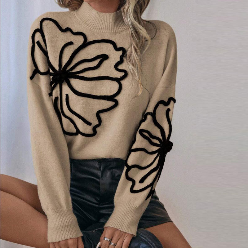 Kvinders strikket sweater med blomster 3D design Stilla