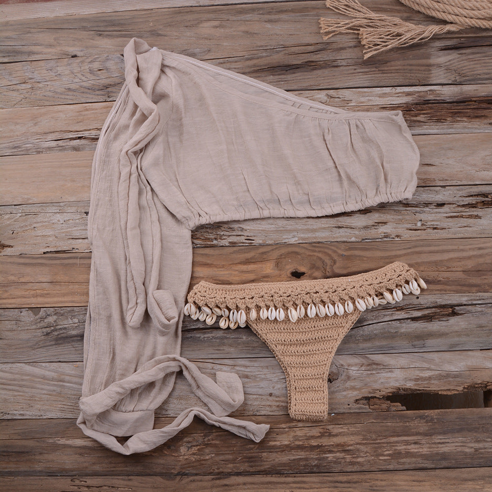Dame Cropped Bikini-top med en stilfuld langærmet og muslingedekoration Stilla