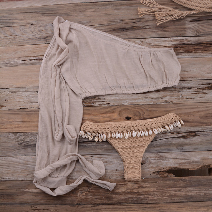 Dame Cropped Bikini-top med en stilfuld langærmet og muslingedekoration Stilla