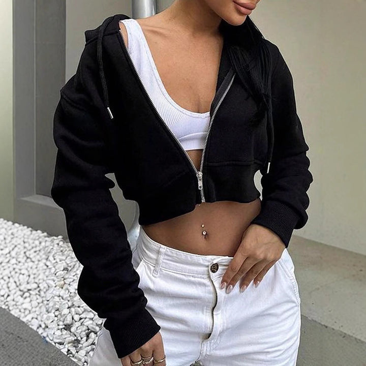 Dame cropped hættetrøje med lynlås og sporty design Stilla