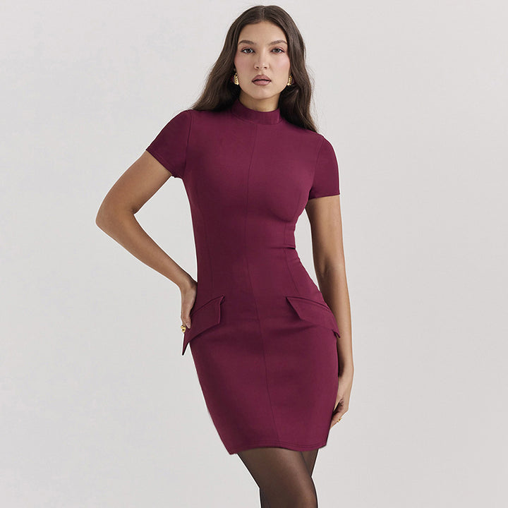 Damer Slim-Fit Mock Neck Mini Kjole med Lomme Detaljer Stilla