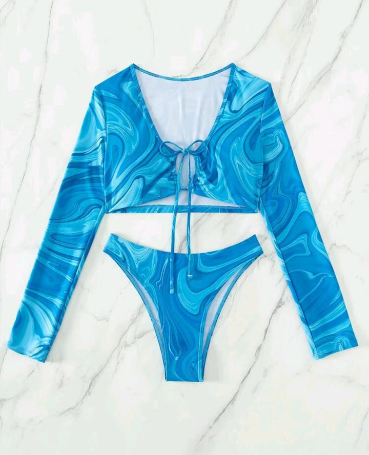 Dame Cropped Bikini-top med lange ærmer og trendy bindebånd Stilla