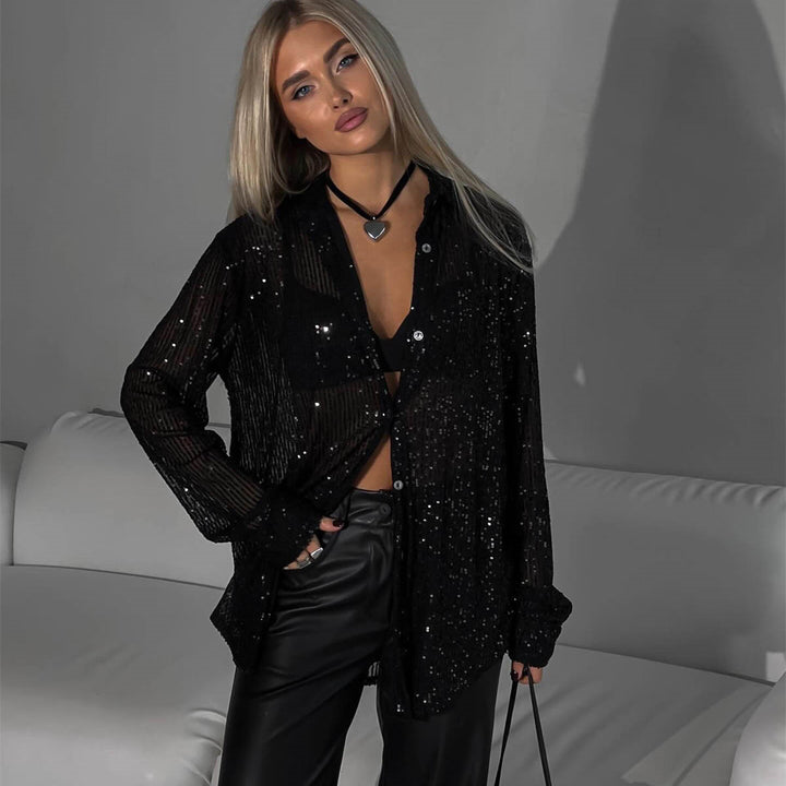 Dame Glitrende Overshirt-bluse med vide ærmer Stilla