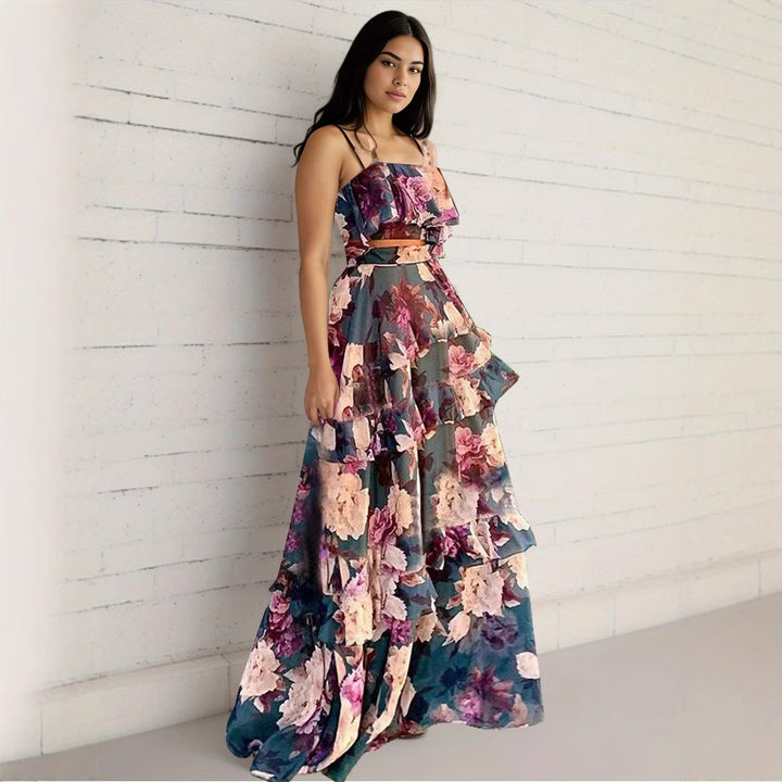 Dame maxikjole med romantisk ruffle-design og blomster mønster Stilla