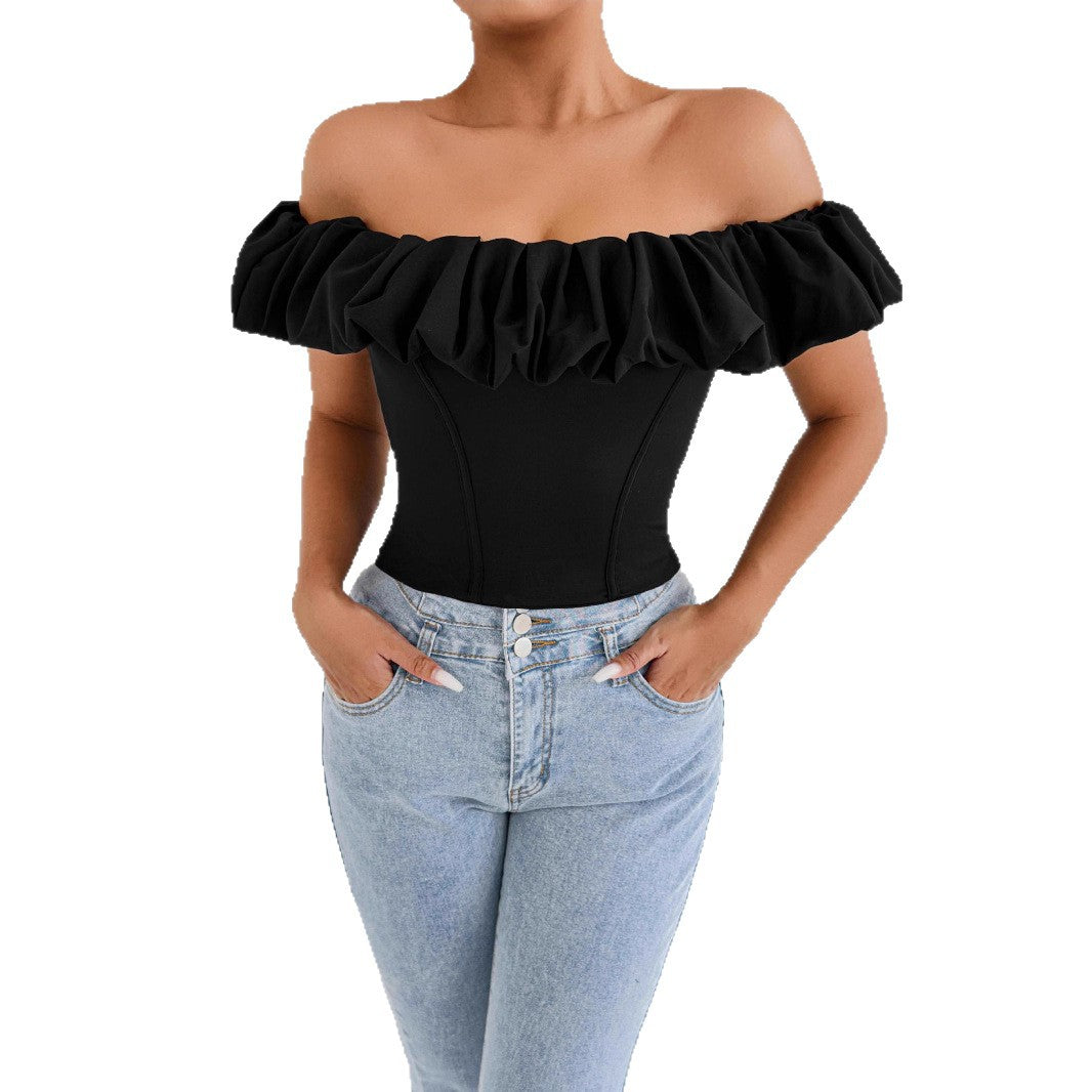 Dame Off-Shoulder Ryshe-skjorte med figursyet snit Skovae
