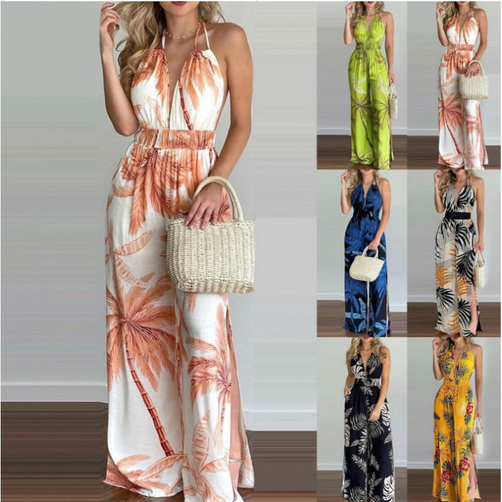 Kvinder Bohemian Halterneck Maxi Jumpsuit med siden slids Stilla