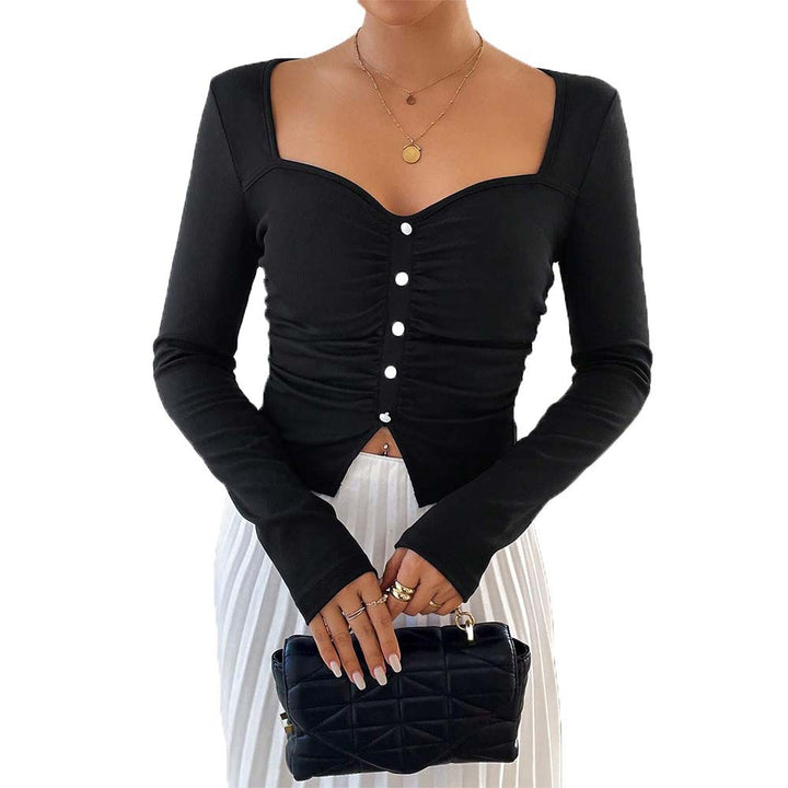 Women's long-sleeved crop top with decorative button detail and ruched design Stilla