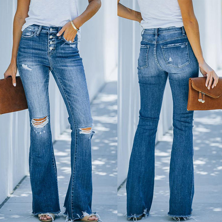 Dame Flared Jeans med høj talje og stilfuldt Destroyed-design Stilla