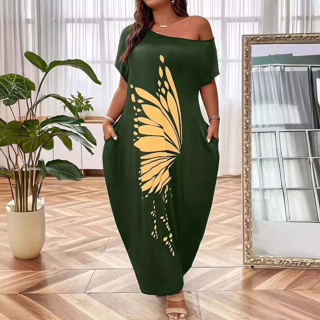 Dame Maxikjole med XXL sommerfuglemotiv og off-shoulder design Stilla