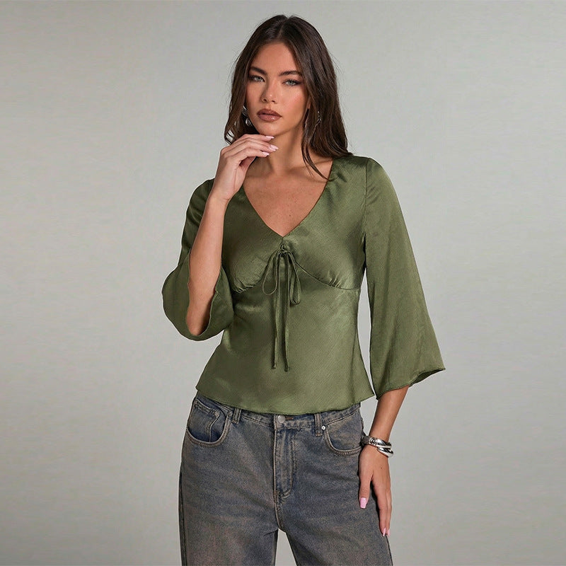 Dame Elegant top med slips og vide ærmer Skovae