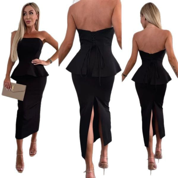 Dame Peplum Kjole med skulderfri design og figursyet silhuet Stilla