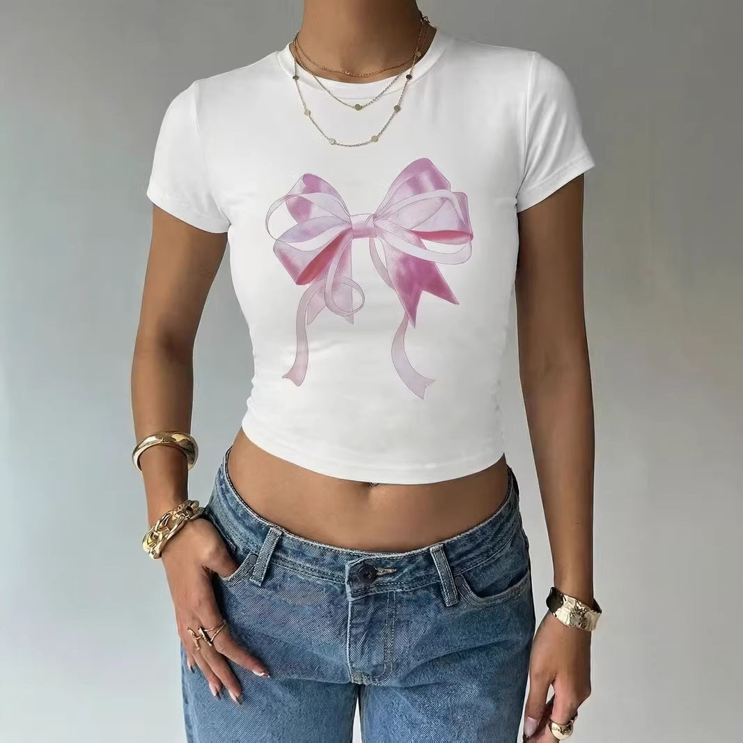 Dame Crop-Top med delikat sløjfemotiv Skovae