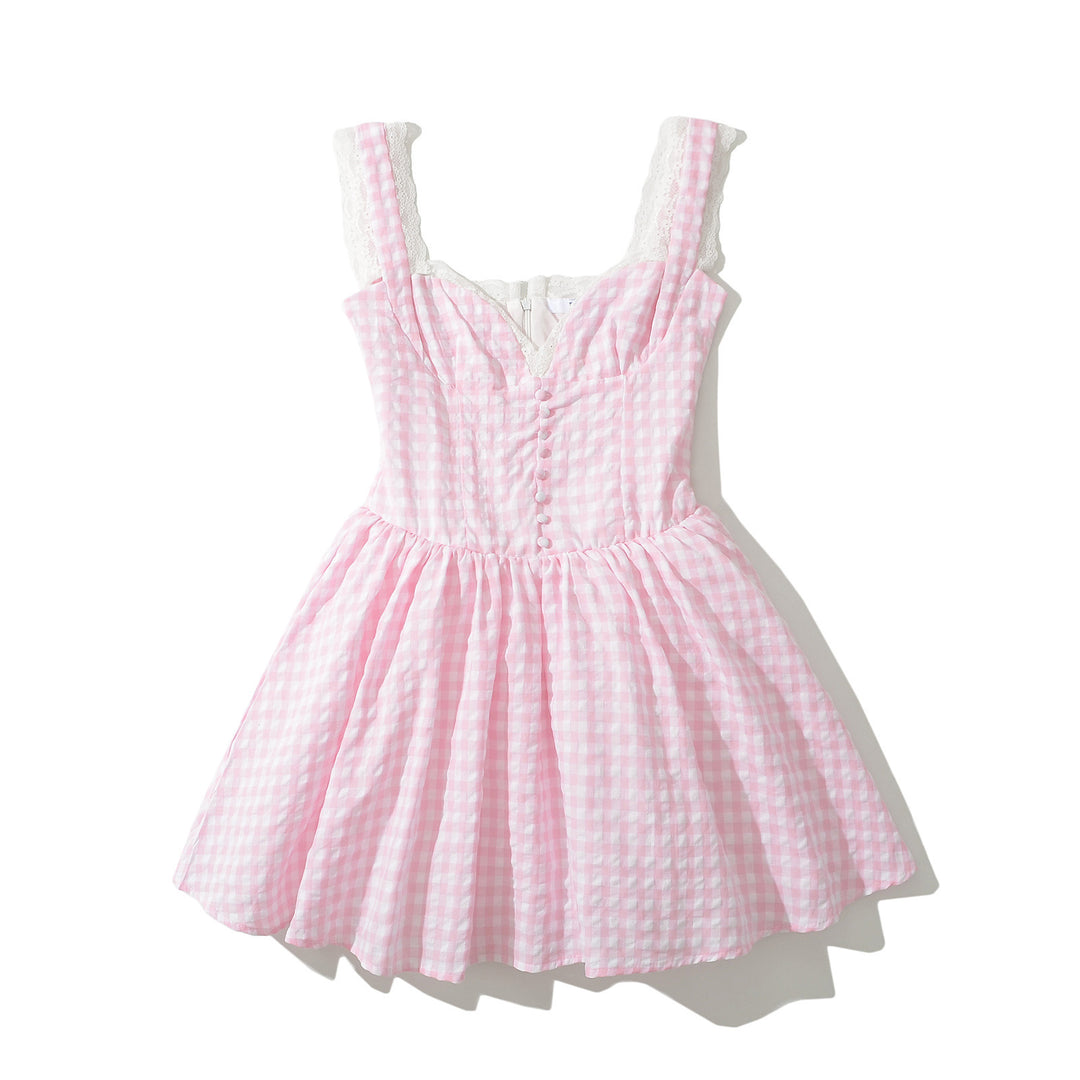 Femme Gingham A-linje kjole med spidsdetalje og knapdetalje Stilla