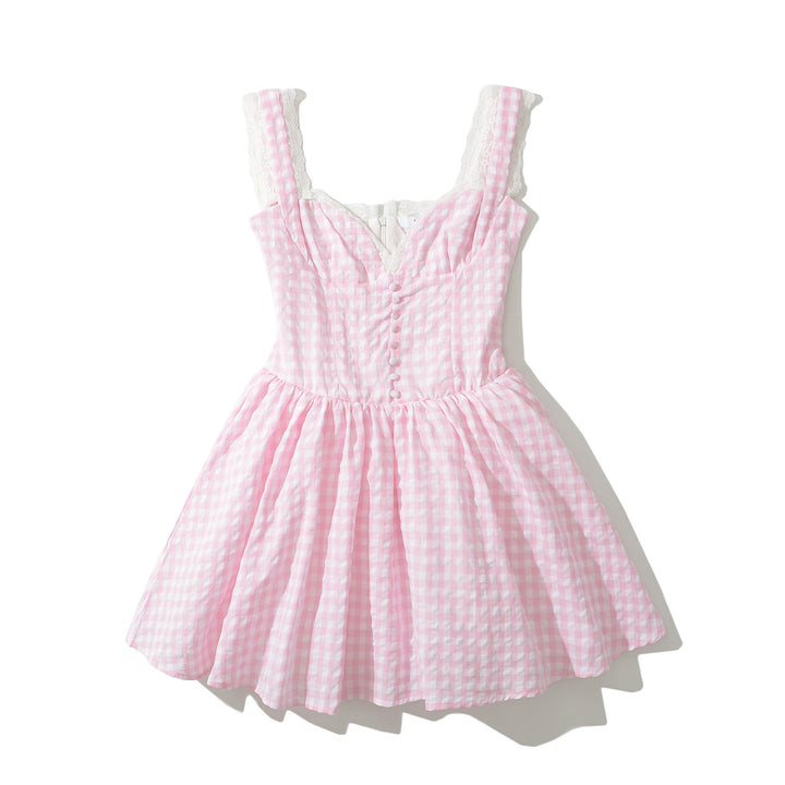 Femme Gingham A-linje kjole med spidsdetalje og knapdetalje Stilla