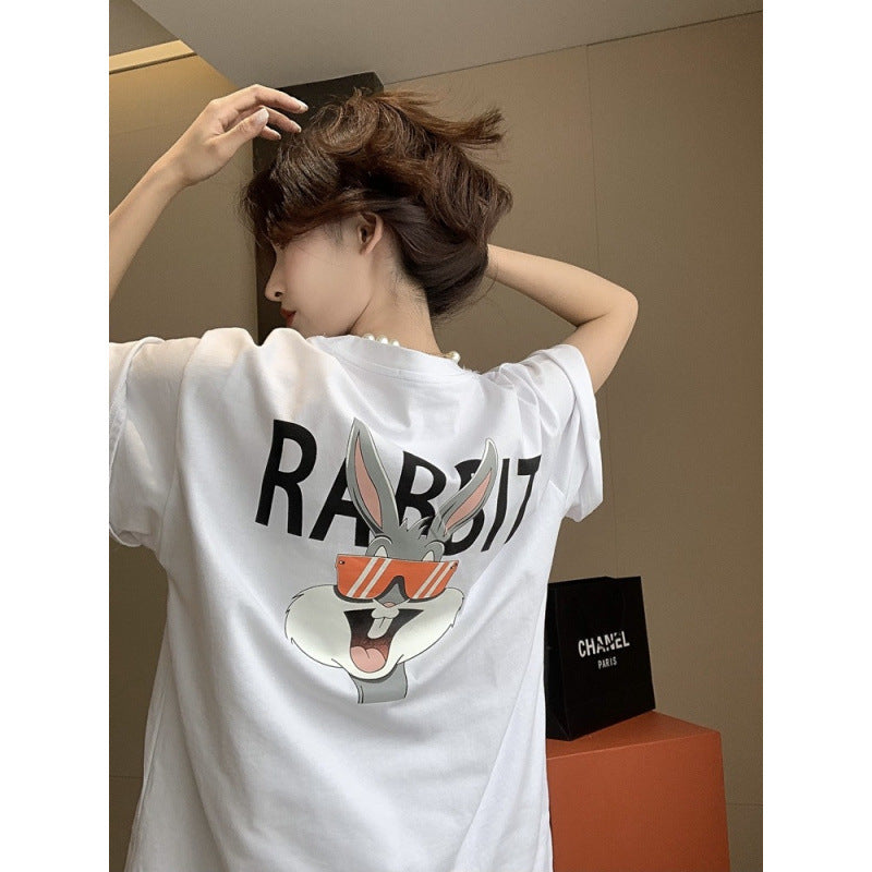 Dame T-shirt med stort bunny-motiv og stilettrykt Stilla