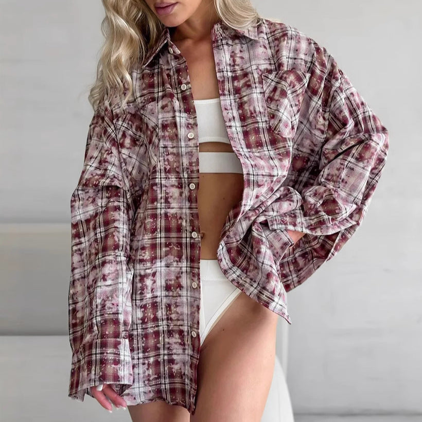 Dame Oversized Karo skjorte med brystlommer og afslappet snit Stilla