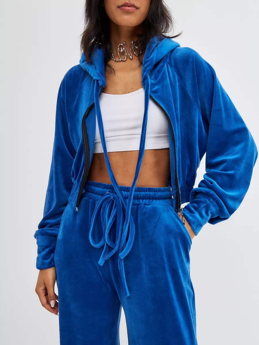 Dame fritids-velour sæt med figursyet hoodie og rummelige bukser Stilla