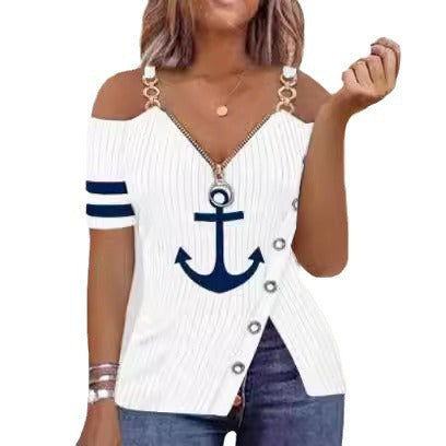 Dame Off-Shoulder Top med maritimt design og dekorative knapper Stilla