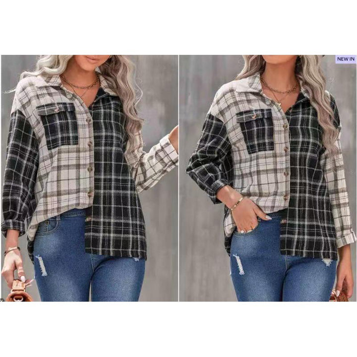 Dame Ternet Flannelbluse med Knaplukning og Brystlomme Stilla