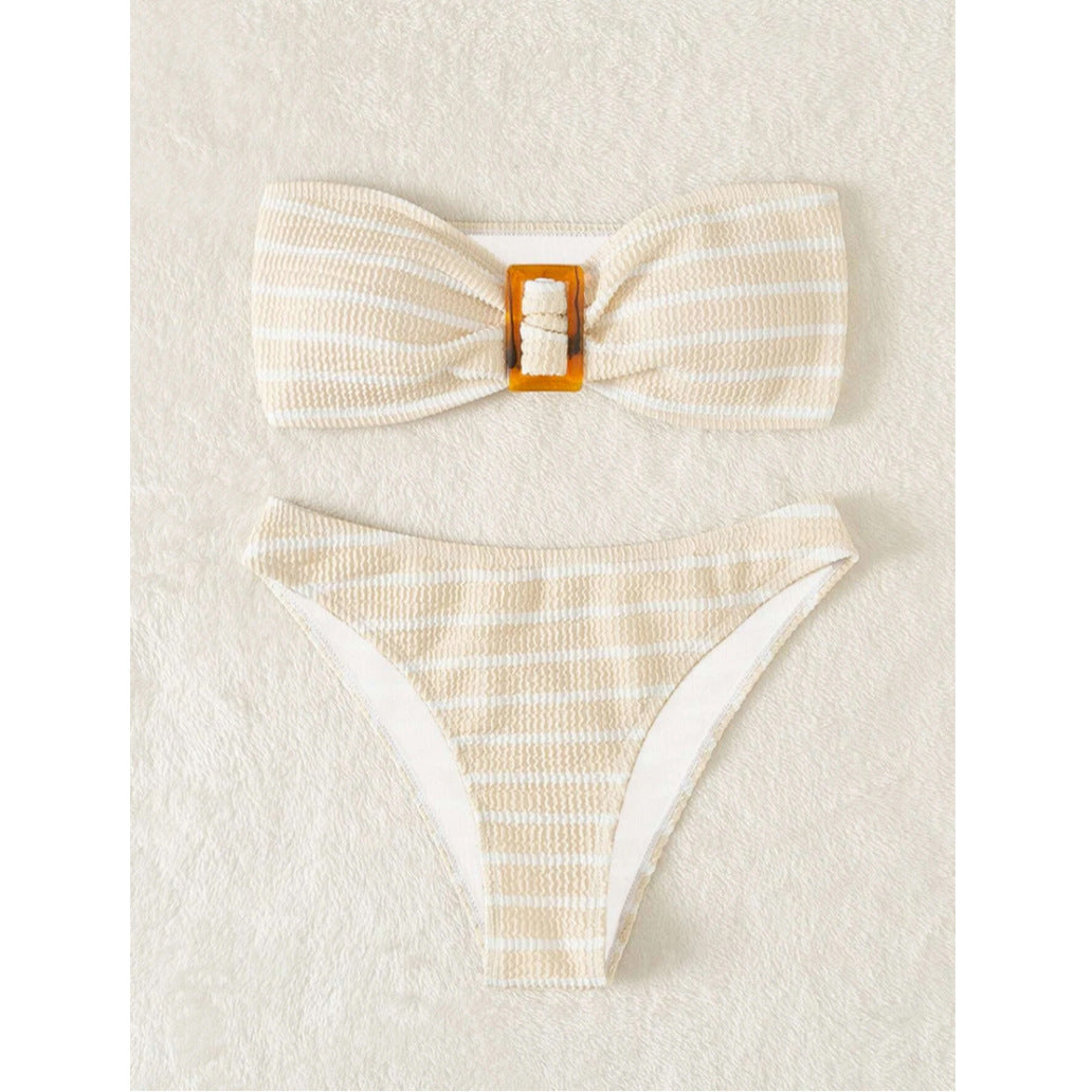 Dame Stribet Bandeau Bikini-Sæt med Dekorativ Spænde Stilla