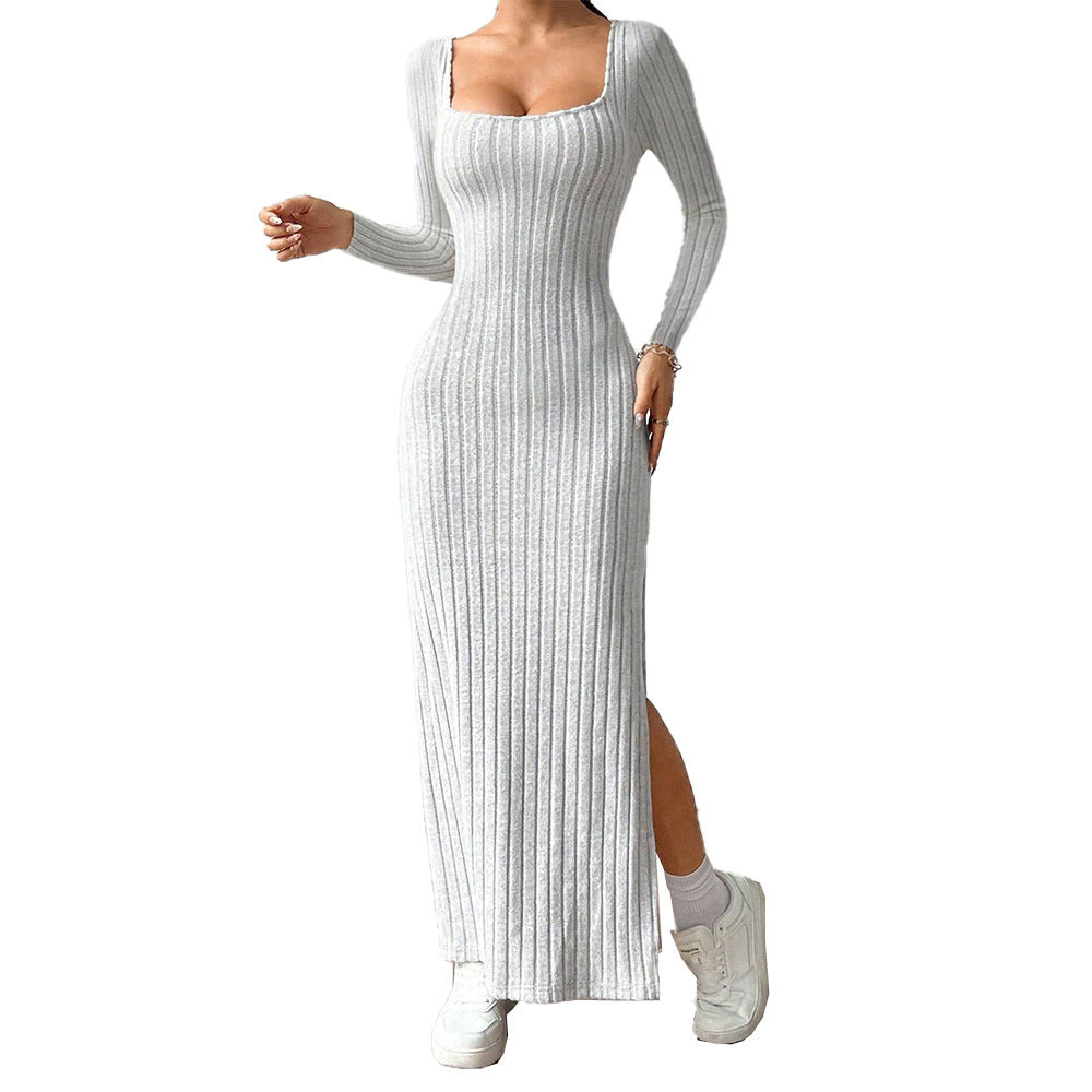 Kvindernes Maxi Kjole med Elegant Ribbet Strik og Chic Slids Stilla