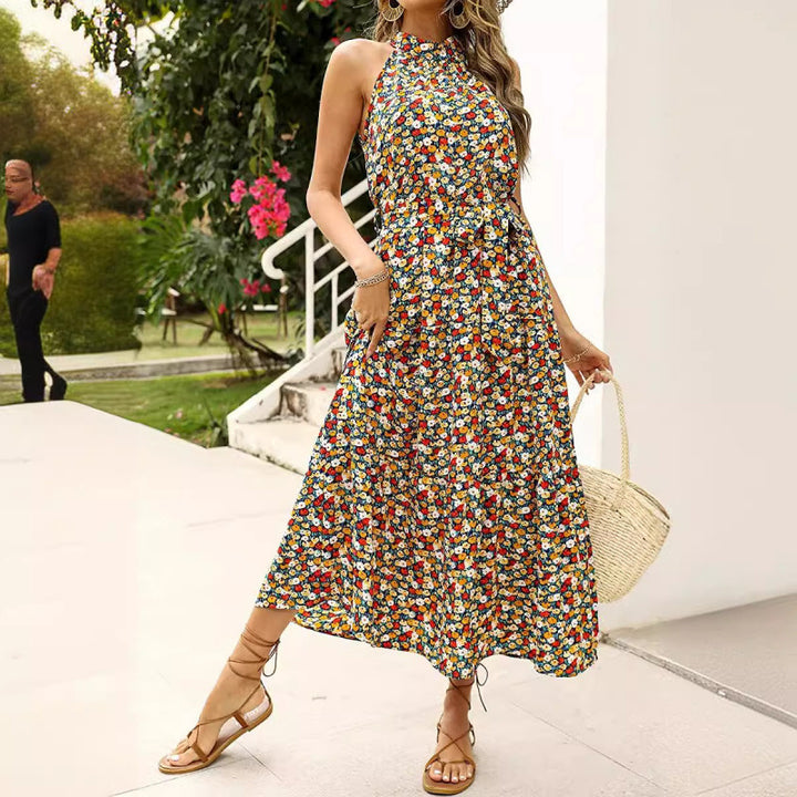 Femme Floral Print Maxi Kjole med justerbart Bindebælte Stilla