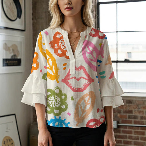 Damebluse med voluminøse flæseærmer og blomstermønster Skovae
