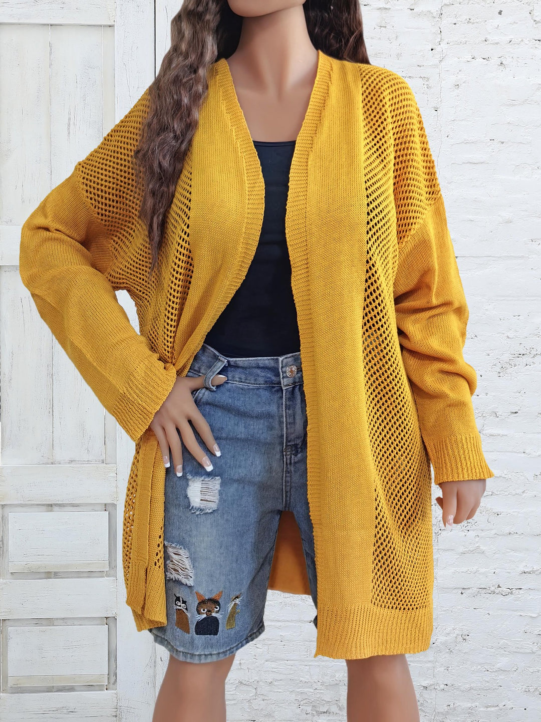 Dame løs strik-kimono med luftig netlook og sidelange slids Stilla