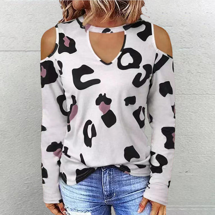 Dame langærmet shirt med fashionable cut-outs og moderne leopardmønster Stilla