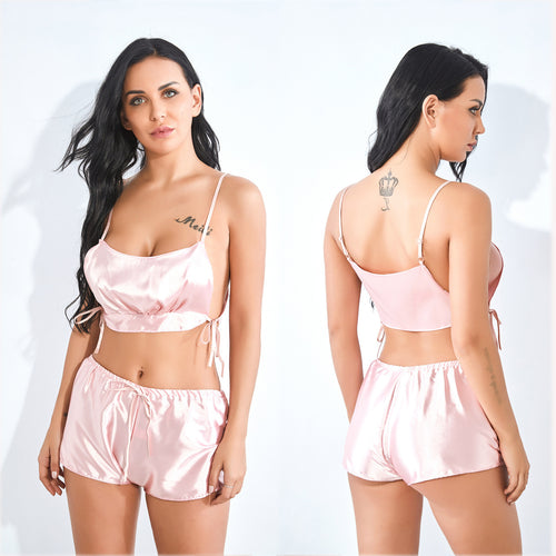 Dame Satin Crop Top og Shorts Sæt Stilla